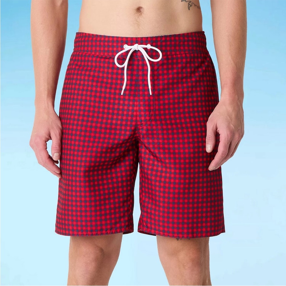 St. John's Bay Red and Navy Gingham 9" Inseam Board Shorts NWT Large
